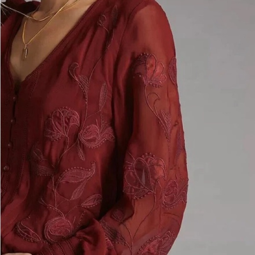 Anthropologie Burgundy Embroidered Sheer Long-Sleeve Blouse - Picture 4 of 7